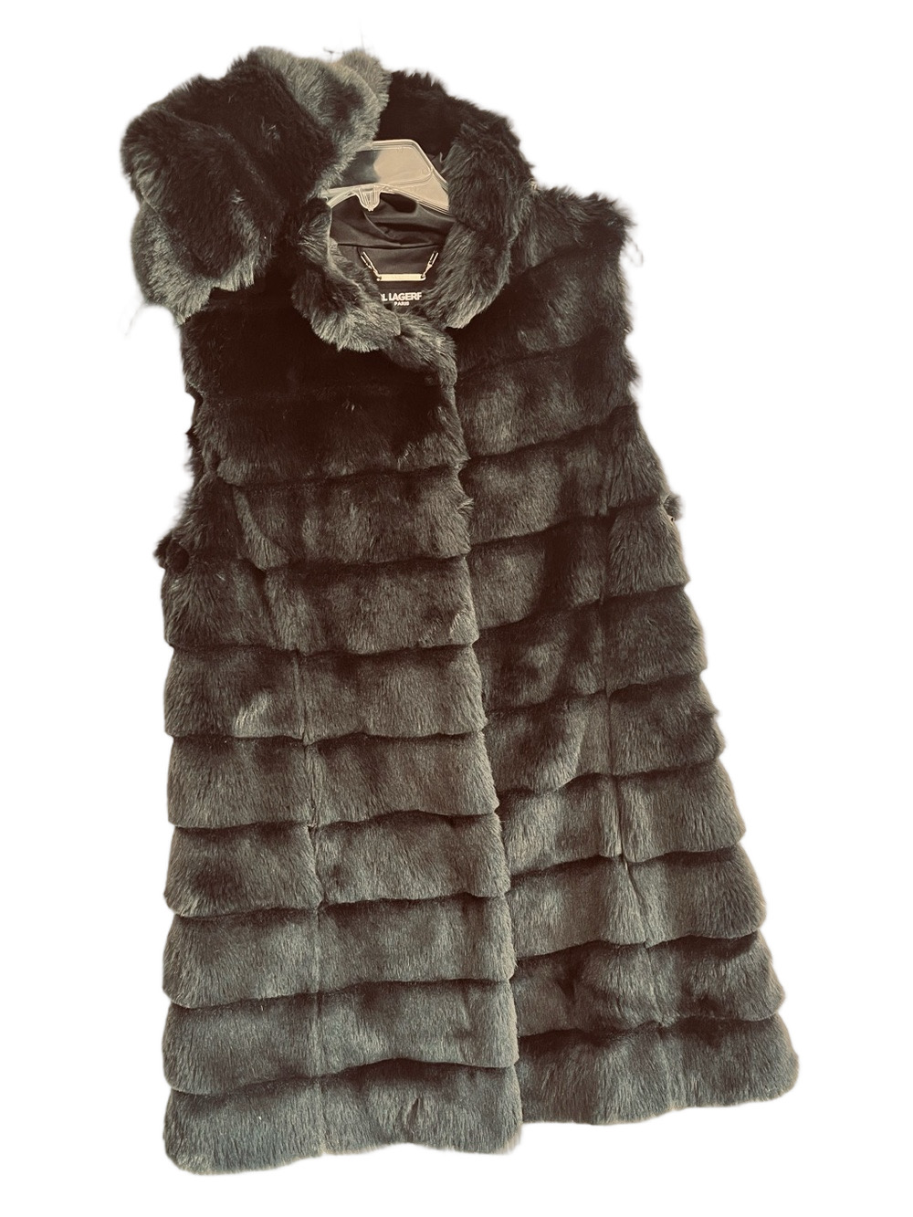 Karl Lagerfeld Paris Black Faux Fur Hooded Long Vest Grooved Women XS Pocket